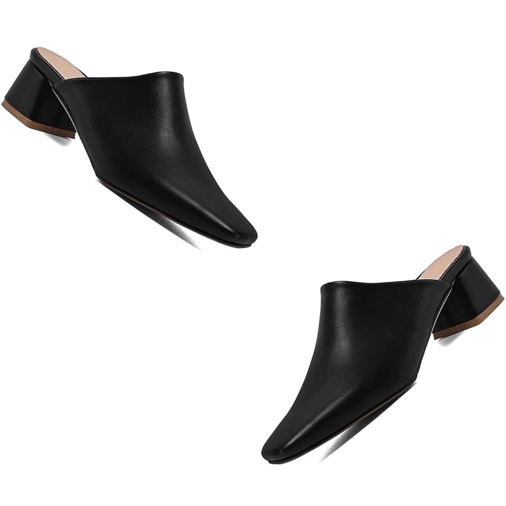 NWOT Size 8 Women Black Chunky Heel Mules Closed Toe Square Toe Slip On Shoes - Picture 3 of 14